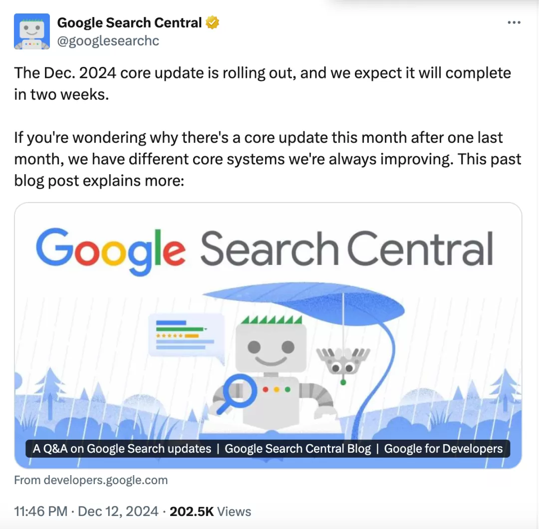 谷歌公布2024年12月核心算法更新